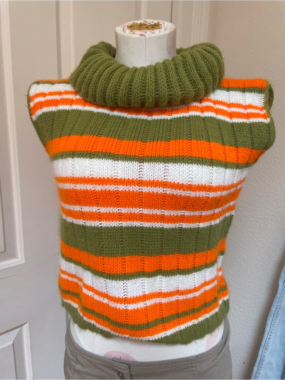 Striped Knit Sleeveless Turtleneck Sweater - Olive, Orange & White